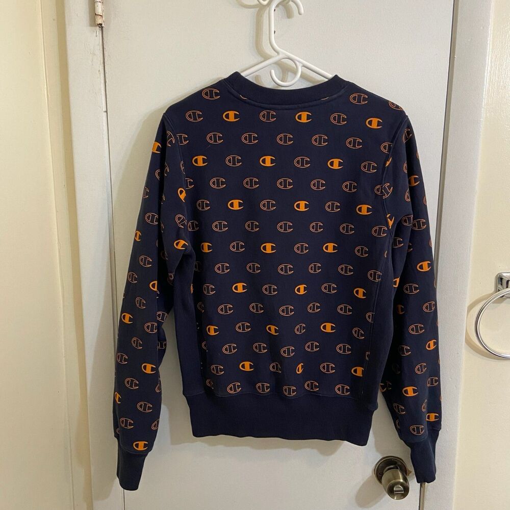 Men's Champion Reverse Weave All Over Print Navy Blue Orange Small Sweatshirt - Picture 2 of 4